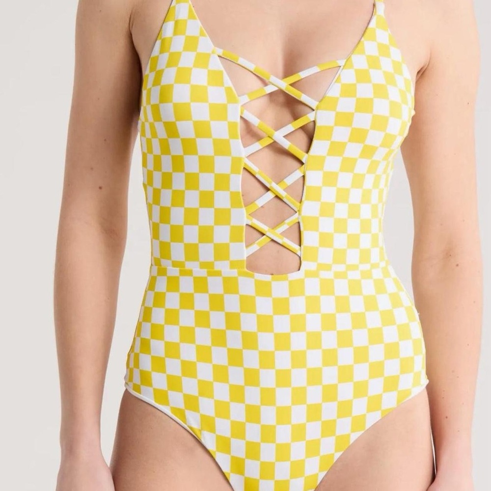 Yellow Checkered Women’s One Piece Swimsuit Dippin Daisys NWT